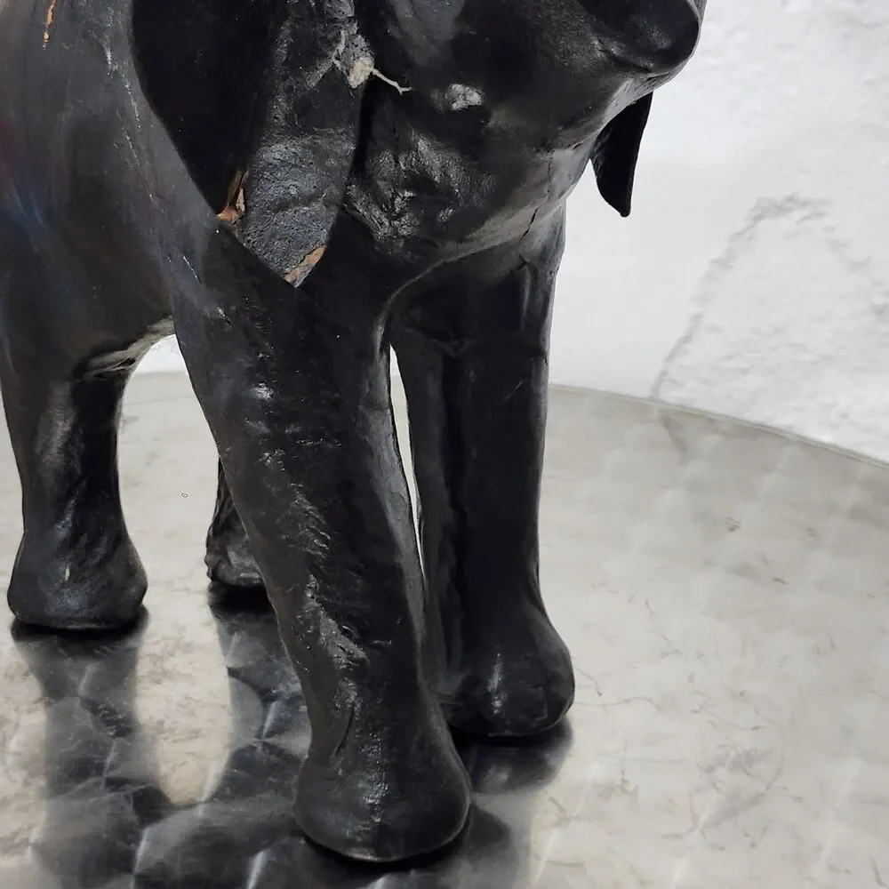 Vtg Black Leather Wrapped Elephant Statue Figurine Trunk Up MCM Safari Decor 11